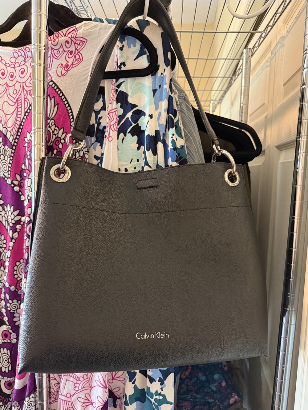 Calvin Klein Black Leather Shoulder Bag with Silver Hardware